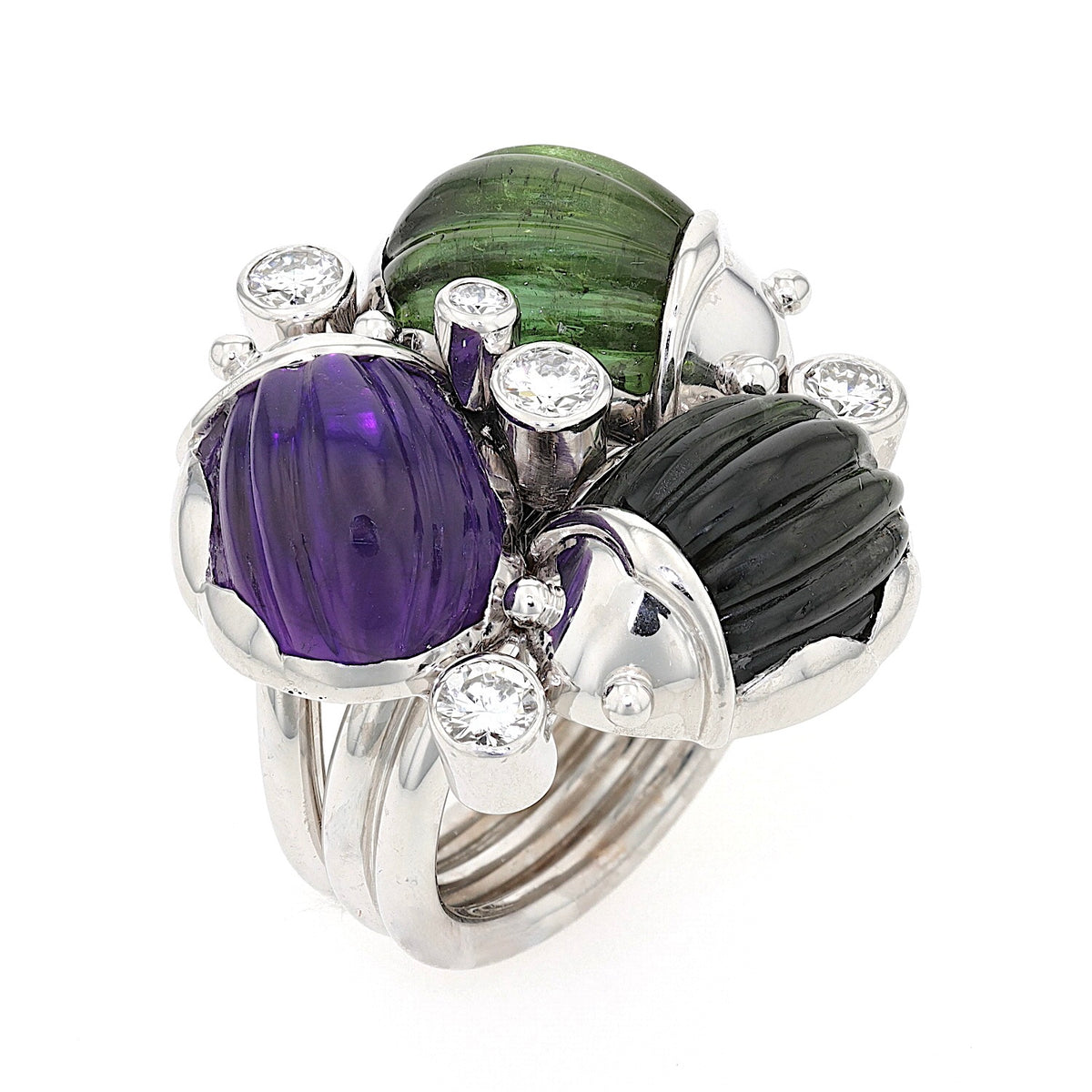 Ring in 750er Gold rhodiniert mit Amethyst, Turmalinen und Brillanten, stehend