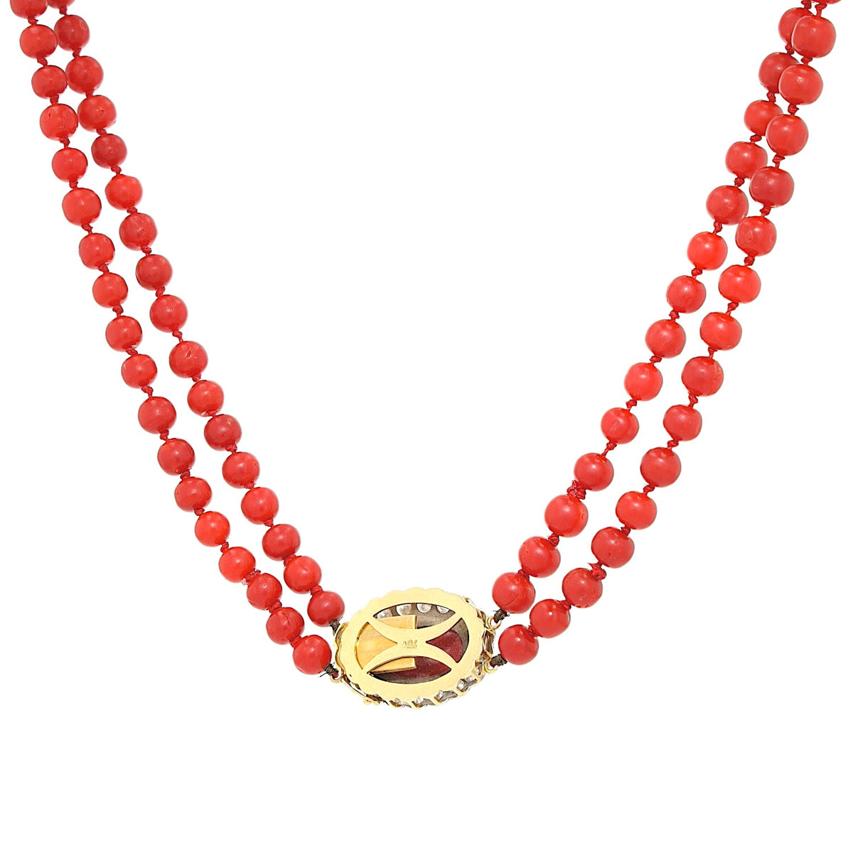 Vintage Collier mit Edelkorallen und einem Schloss aus 750er Gelbgold mit insgesamt ca. 1,8 ct Brillanten, hängend Rückseite