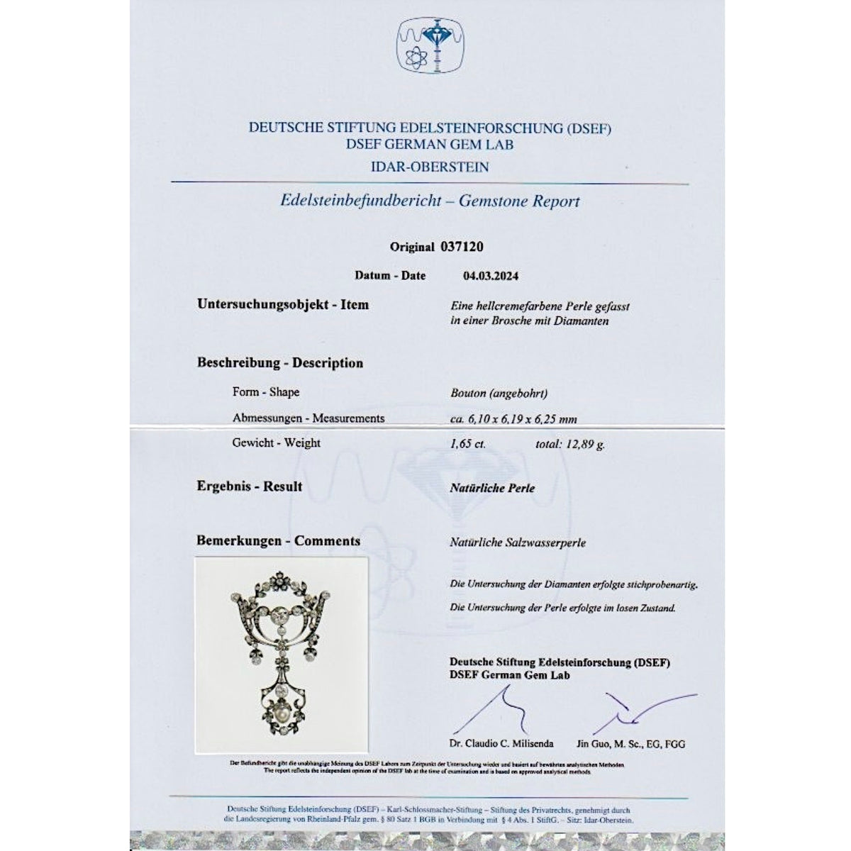 Viktorianische Brosche aus 585er Gold und Silber mit insgesamt ca. 2,8 ct Diamanten und einer Naturperle, DSEF Zertifikat