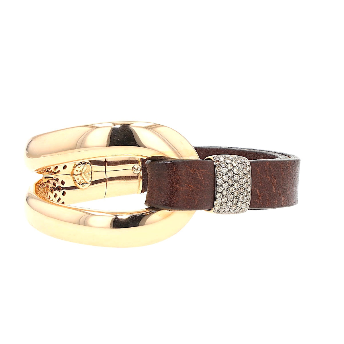 Oromalia Armband aus 750er Roségold mit ca. 1 ct Brillanten und einem Lederband, liegend rechts gedreht