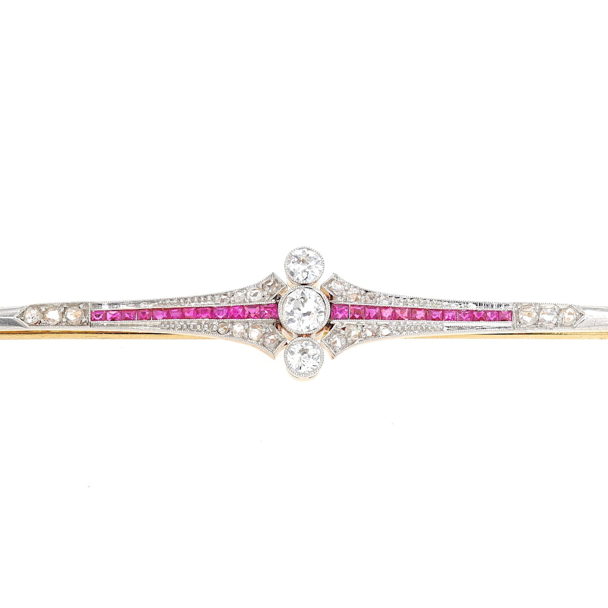 Art Deco Stabnadel aus 750er Gelbgold, platiniert mit Diamanten und Saphiren, liegend frontal