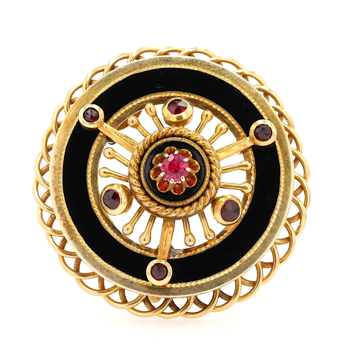 Viktorianische Brosche in 585er Gelbgold mit einem Rubin, Granaten und schwarzer Emaille, stehend frontal von vorne