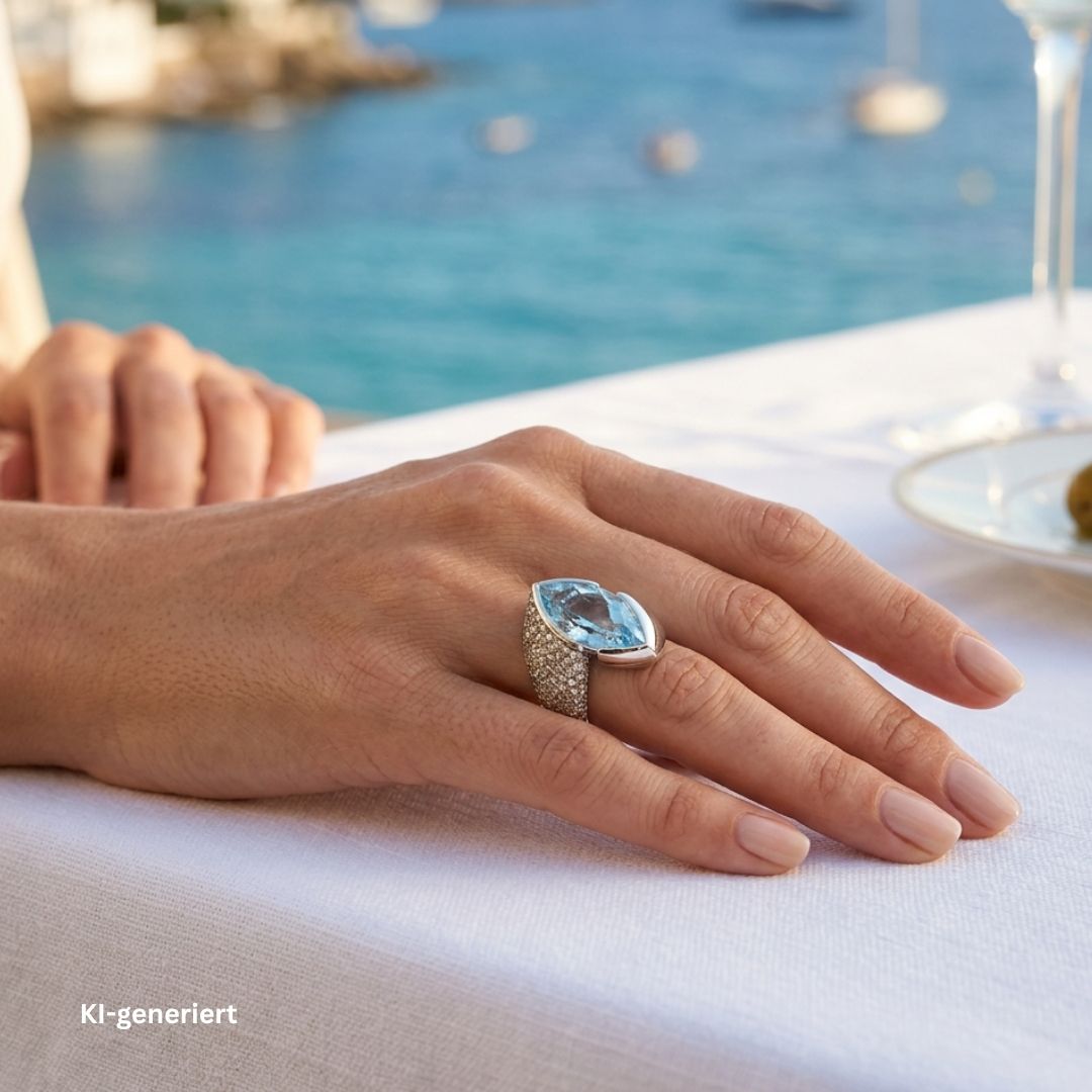 Wempe Ring in 750er Weißgold mit einem Aquamarin ca. 10,8 ct und ca. 2,8 ct champagnerfarbene Brillanten , an der Hand einer Ki-genriert