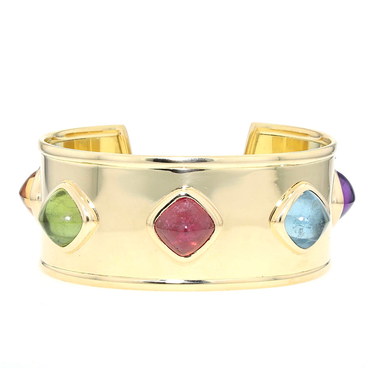 Designer-Armreif aus 750er Gelbgold mit Amethyst, Aquamarin, Rubellit, grünem Turmalin und Citrin, liegend frontal