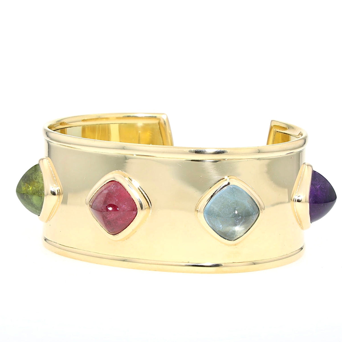 Designer-Armreif aus 750er Gelbgold mit Amethyst, Aquamarin, Rubellit, grünem Turmalin und Citrin, liegend links gedreht