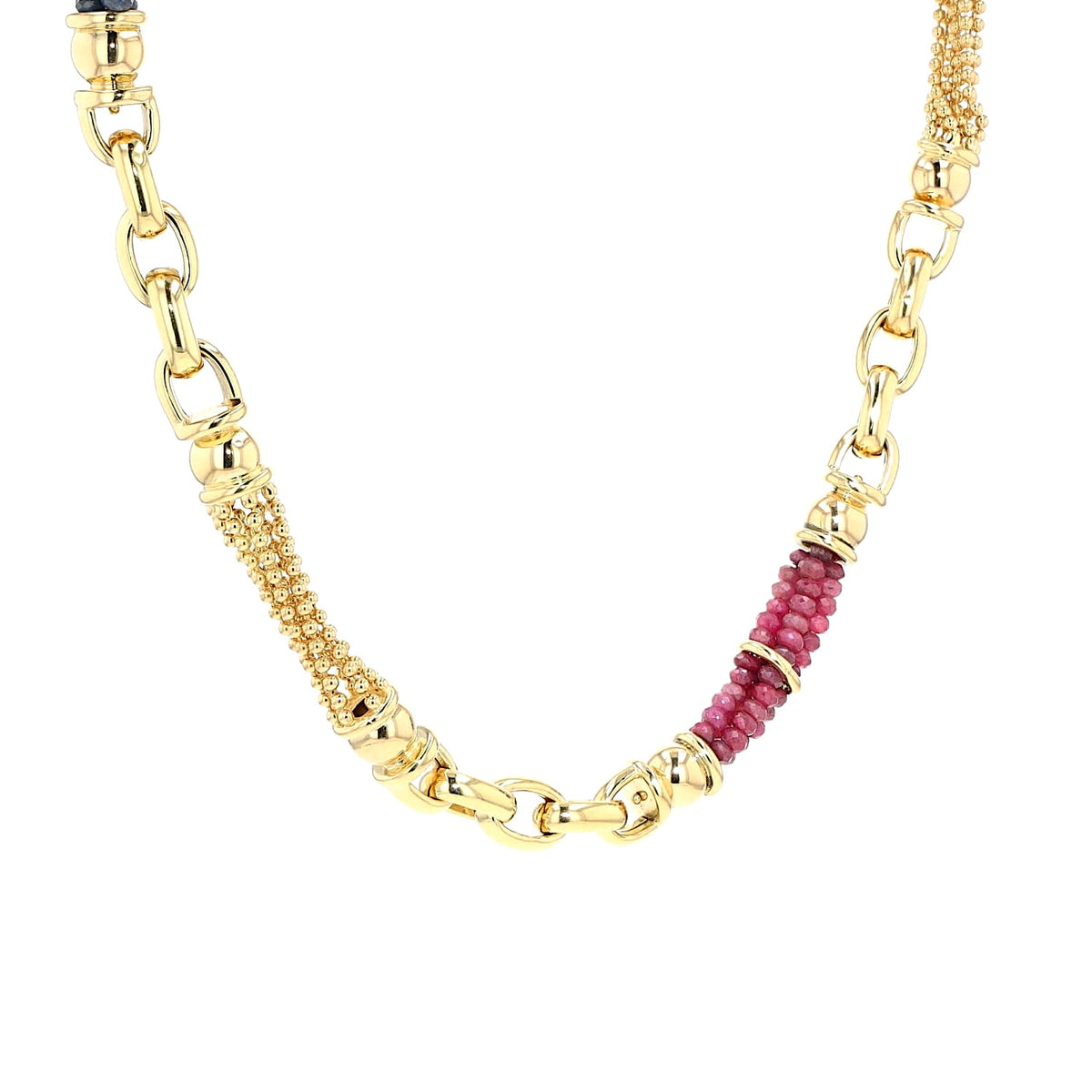 Exclusive italienische Kette in 750er Gelbgold mit Rubinen und blauen Saphiren, hängend rechts gedreht