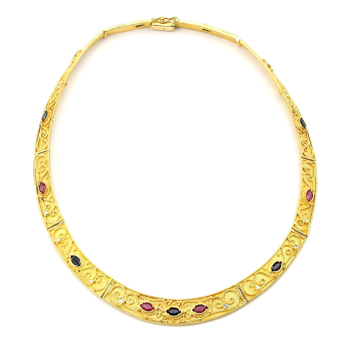 Schweres luxuriöses Collier in 750er Gelbgold mit blauen Saphiren, Rubinen und Brillanten, liegend geschlossen