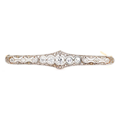 Art Déco Brosche aus 585er Gold und Platin mit Diamanten, liegend frontal