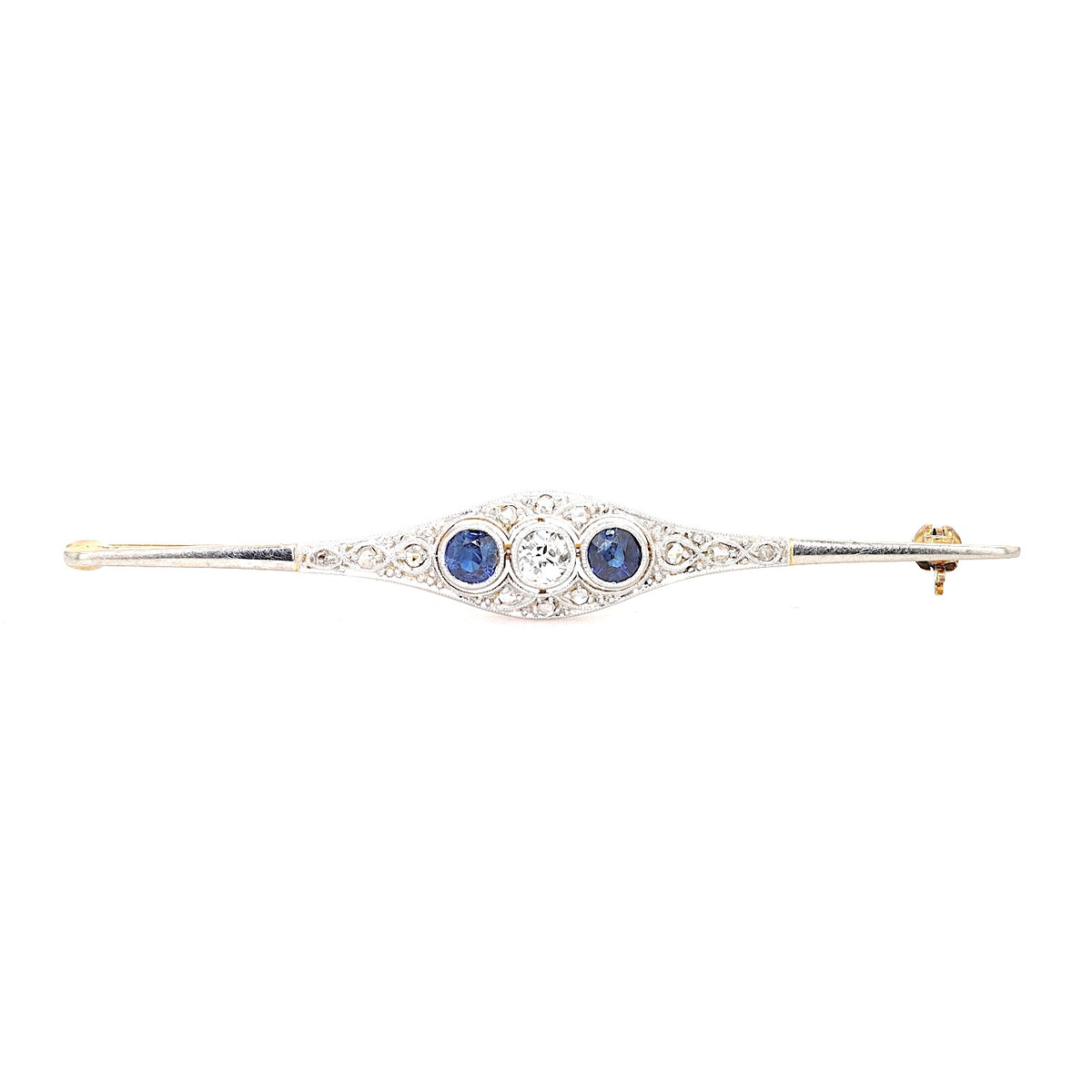 Art Déco Brosche aus 585er Gold und Platin mit Diamanten und Saphiren, liegend frontal