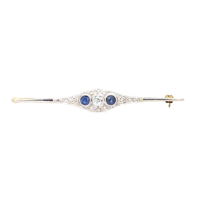 Art Déco Brosche aus 585er Gold und Platin mit Diamanten und Saphiren, liegend frontal