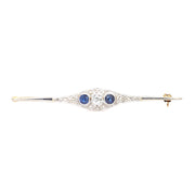 Art Déco Brosche aus 585er Gold und Platin mit Diamanten und Saphiren, liegend frontal