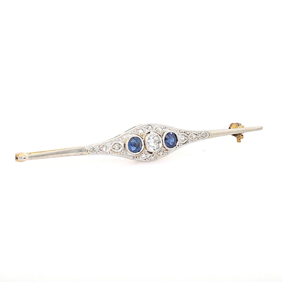 Art Déco Brosche aus 585er Gold und Platin mit Diamanten und Saphiren, liegend rechts gedreht