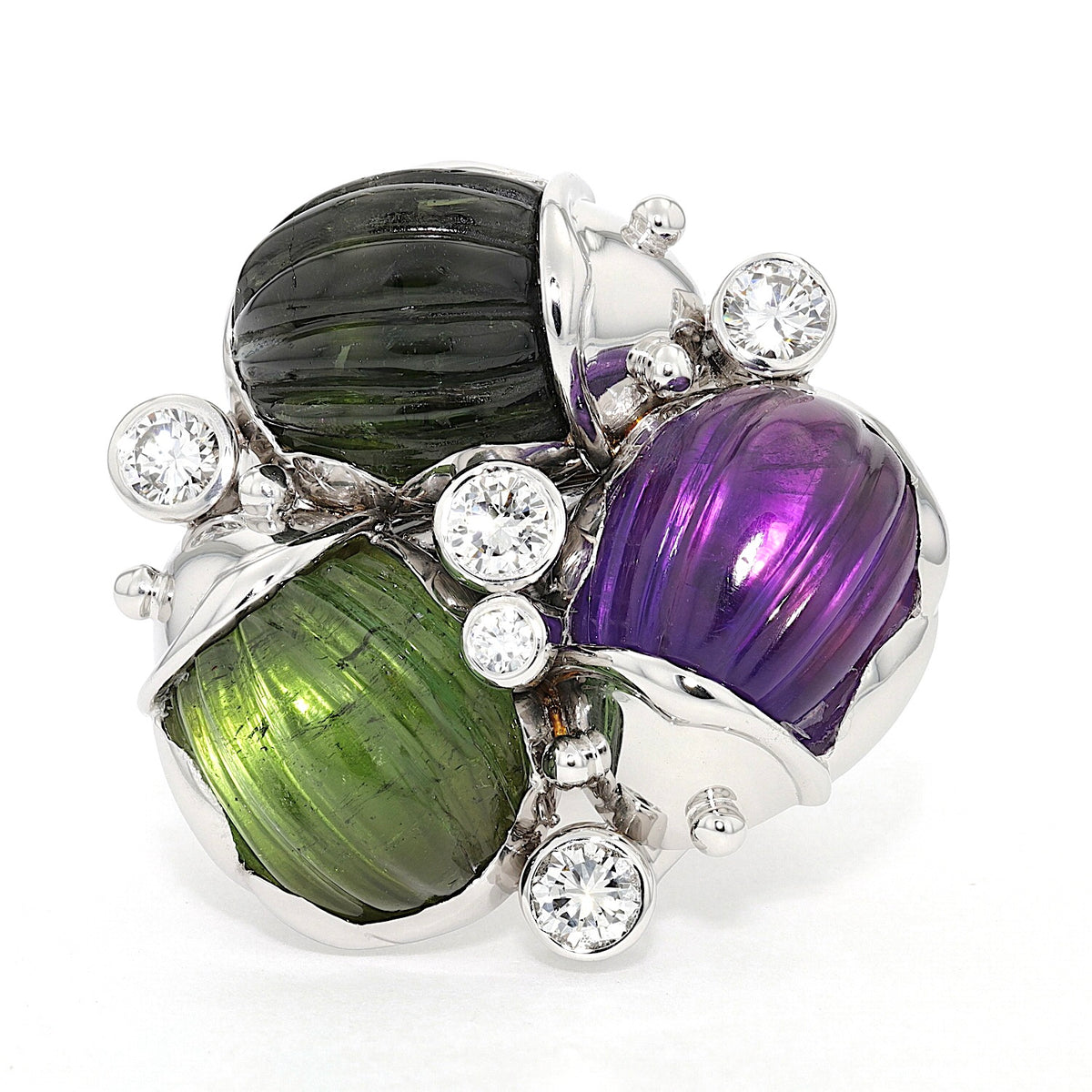 Ring in 750er Gold rhodiniert mit Amethyst, Turmalinen und Brillanten, liegend frontal