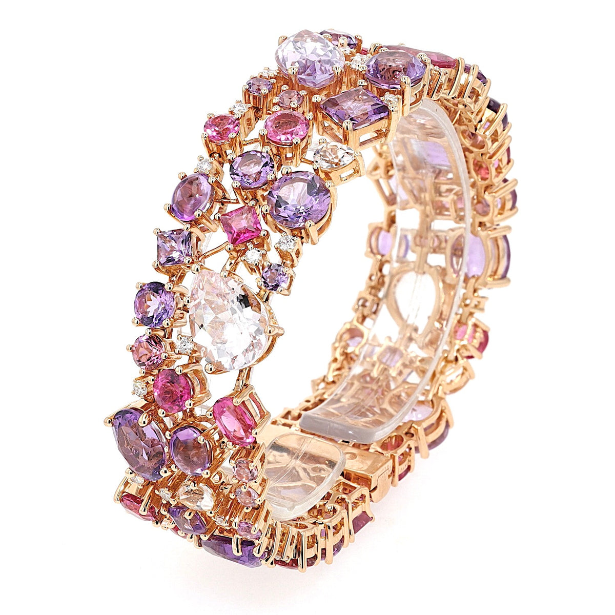 Armband von Buchwald in 750er Rotgold mit Amethysten, Turmalinen, Saphiren, Rubelliten, Morganiten und Brillanten, stehend
