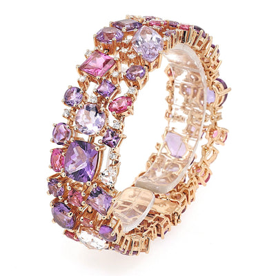 Armband von Buchwald in 750er Rotgold mit Amethysten, Turmalinen, Saphiren, Rubelliten, Morganiten und Brillanten, stehend gedreht