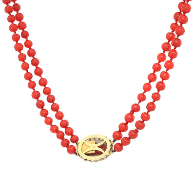 Vintage Collier mit Edelkorallen und einem Schloss aus 750er Gelbgold mit insgesamt ca. 1,8 ct Brillanten, hängend Rückseite