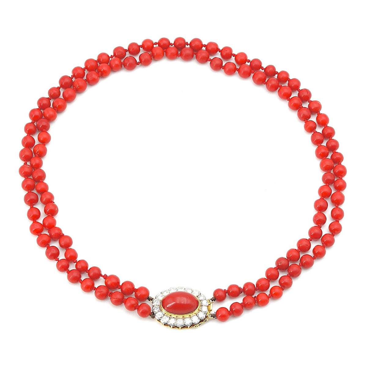 Vintage Collier mit Edelkorallen und einem Schloss aus 750er Gelbgold mit insgesamt ca. 1,8 ct Brillanten, liegend Draufsicht