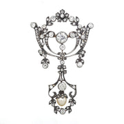 Viktorianische Brosche aus 585er Gold und Silber mit insgesamt ca. 2,8 ct Diamanten und einer Naturperle, hängend frontal