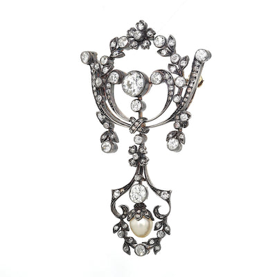 Viktorianische Brosche aus 585er Gold und Silber mit insgesamt ca. 2,8 ct Diamanten und einer Naturperle, hängend links gedreht