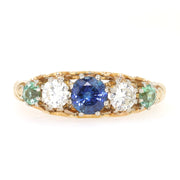 Vintage Ring in 585er Gelbgold mit zwei Brillanten, einem blauen Saphir und zwei Turmalinen, liegend frontal