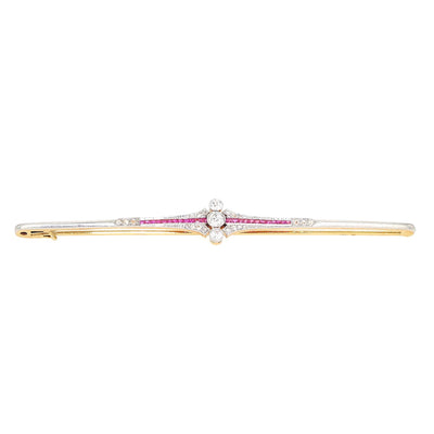 Art Deco Stabnadel aus 750er Gelbgold, platiniert mit Diamanten und Saphiren, liegend frontal
