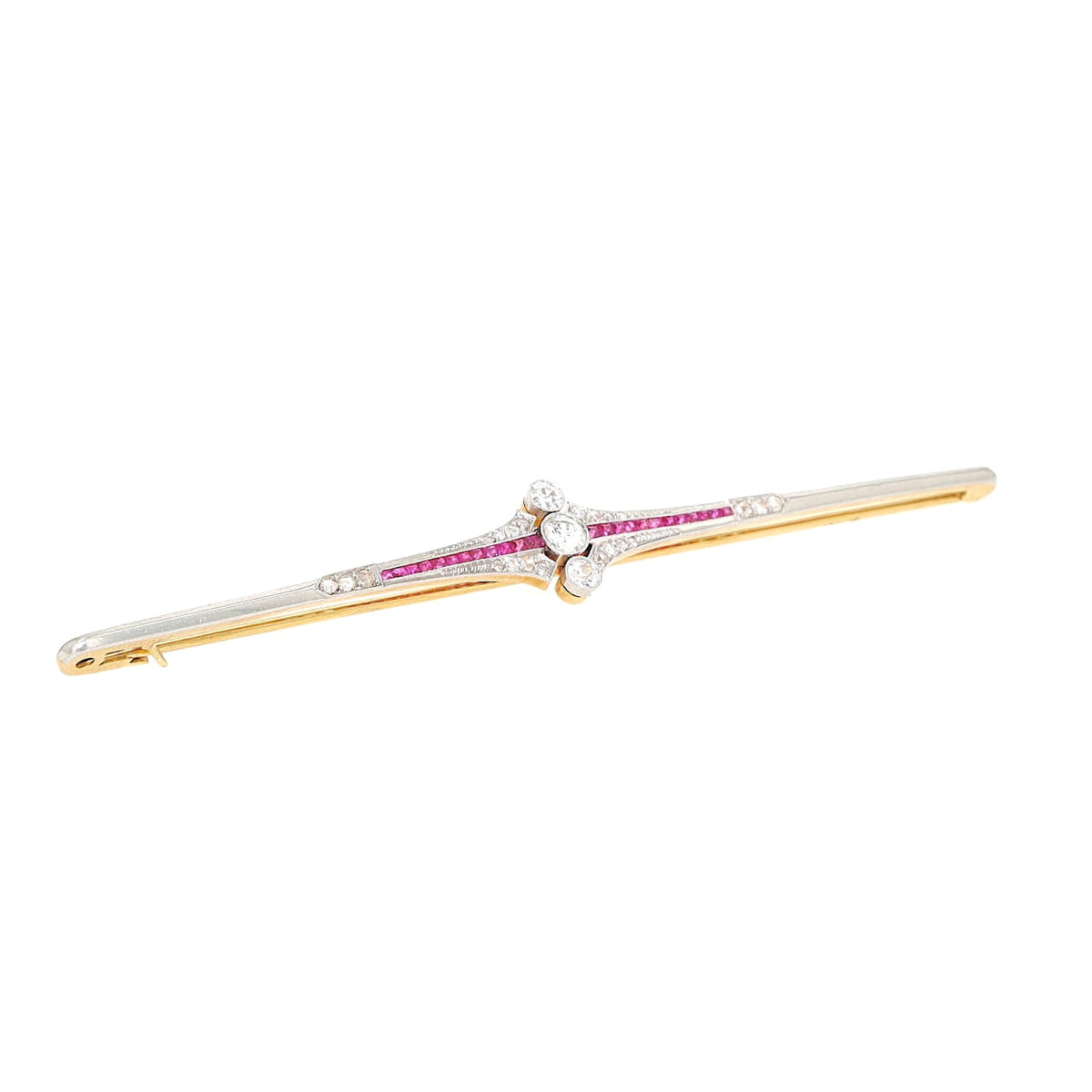Art Deco Stabnadel aus 750er Gelbgold, platiniert mit Diamanten und Saphiren, liegend rechts gedreht