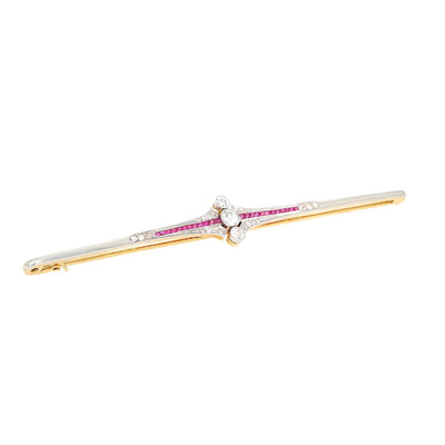 Art Deco Stabnadel aus 750er Gelbgold, platiniert mit Diamanten und Saphiren, liegend rechts gedreht