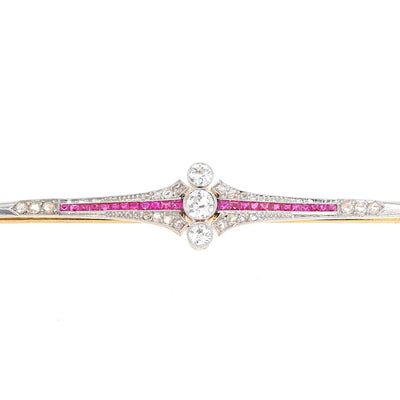 Art Deco Stabnadel aus 750er Gelbgold, platiniert mit Diamanten und Saphiren, liegend frontal