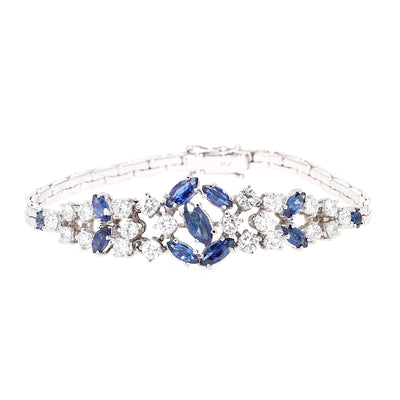 Exklusives Vintage Armband um 1970 in 750er Weißgold mit blauen Saphiren und ca. 2,0 ct Brillanten, liegend geschlossen frontal