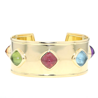 Designer-Armreif aus 750er Gelbgold mit Amethyst, Aquamarin,  Rubellit, grünem Turmalin und Citrin, liegend frontal