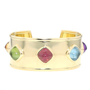 Designer-Armreif aus 750er Gelbgold mit Amethyst, Aquamarin,  Rubellit, grünem Turmalin und Citrin, liegend frontal