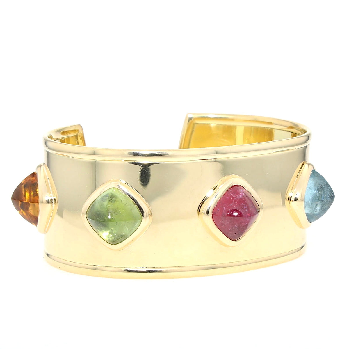 Designer-Armreif aus 750er Gelbgold mit Amethyst, Aquamarin,  Rubellit, grünem Turmalin und Citrin, liegend rechts gedreht