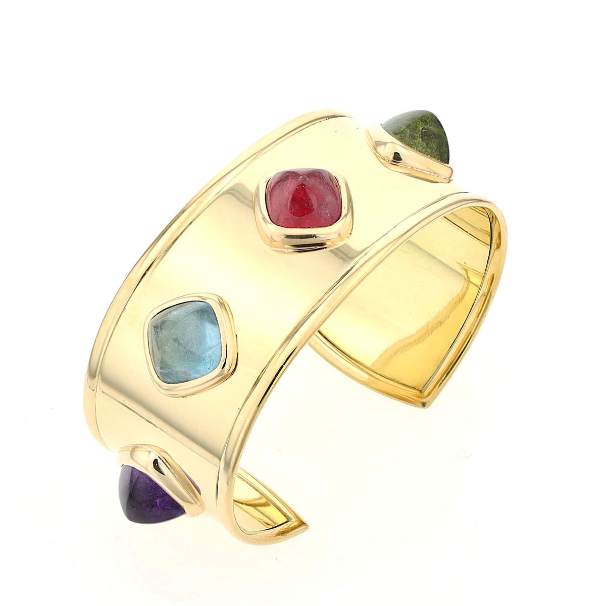 Designer-Armreif aus 750er Gelbgold mit Amethyst, Aquamarin,  Rubellit, grünem Turmalin und Citrin, Stehend links