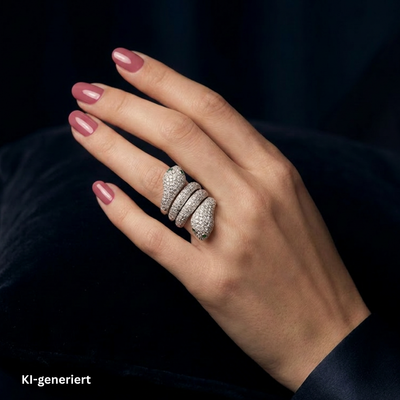 Exklusiver Schlangenring in 750er Weißgold mit insgesamt ca. 7,2 ct Brillanten und 4 Tsavorithe, an einer ki generierten Hand