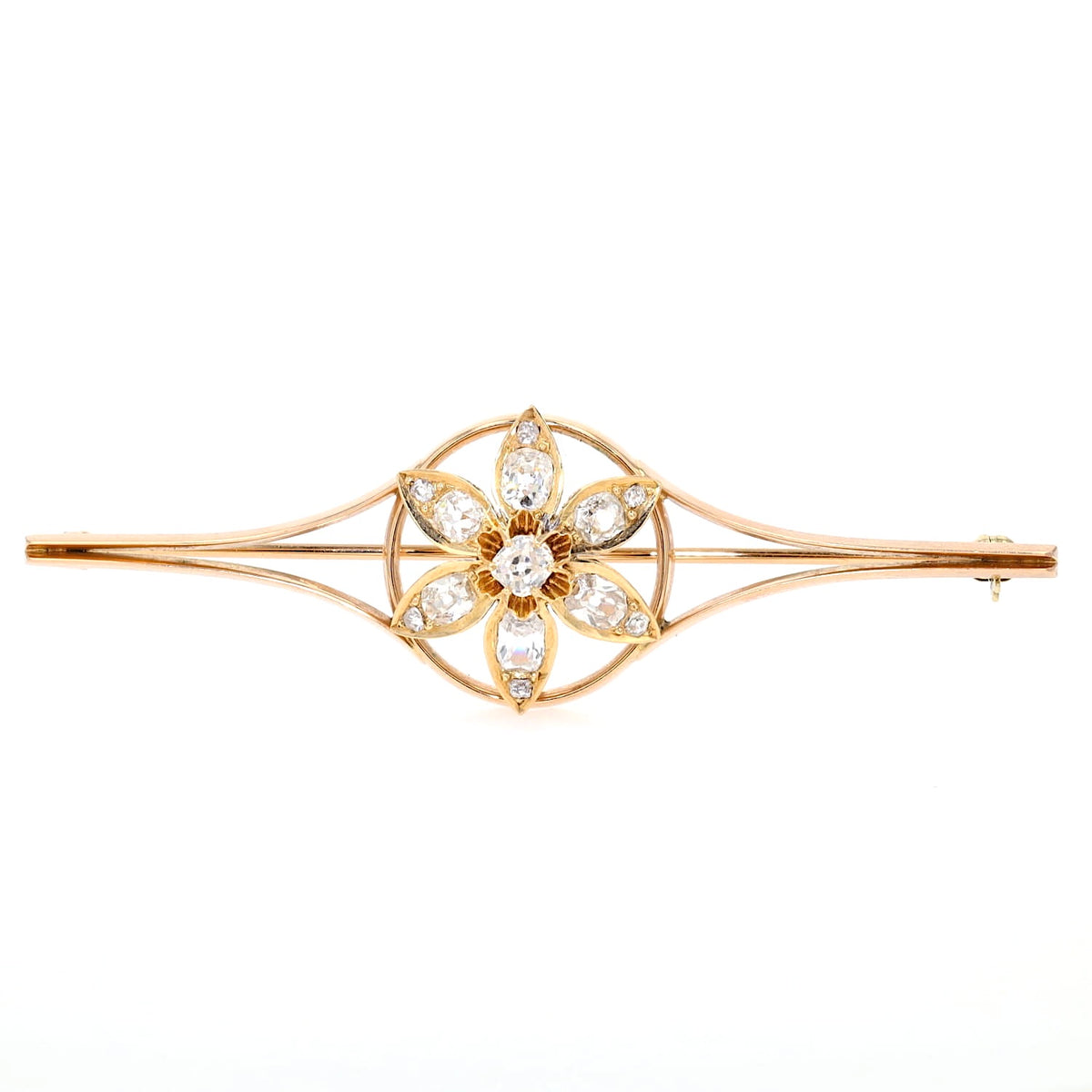Belle Époque Brosche in 585er Rotgold mit insgesamt ca. 1,77 ct Diamanten, , liegend frontal
