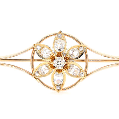 Belle Époque Brosche in 585er Rotgold mit insgesamt ca. 1,77 ct Diamanten, liegend frontal Nahaufnahme Mittelstück