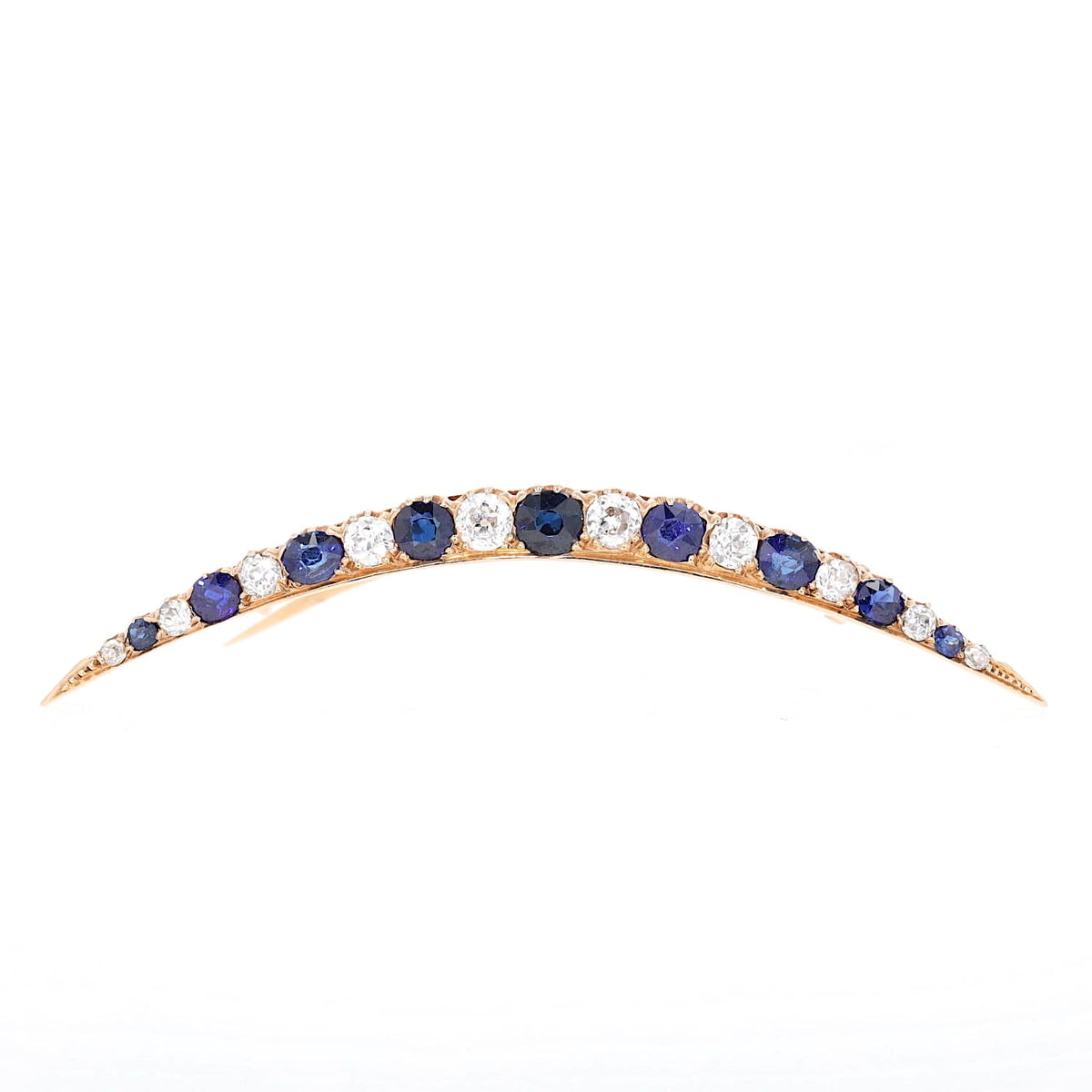 Viktorianische Halbmond-Brosche mit blauen Saphiren und Diamanten, stehend frontal