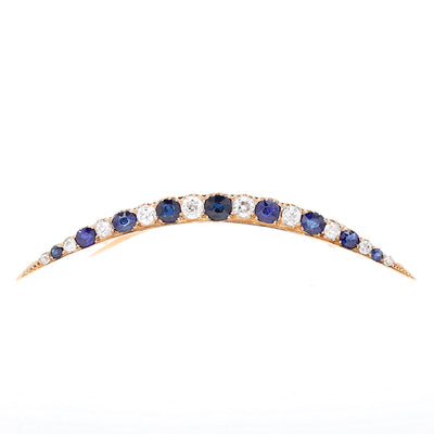 Viktorianische Halbmond-Brosche mit blauen Saphiren und Diamanten, stehend frontal