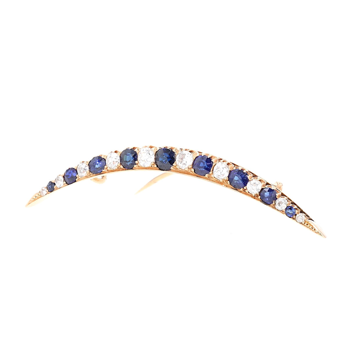 Viktorianische Halbmond-Brosche mit blauen Saphiren und Diamanten, stehend inks gedreht