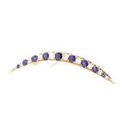 Viktorianische Halbmond-Brosche mit blauen Saphiren und Diamanten, stehend inks gedreht