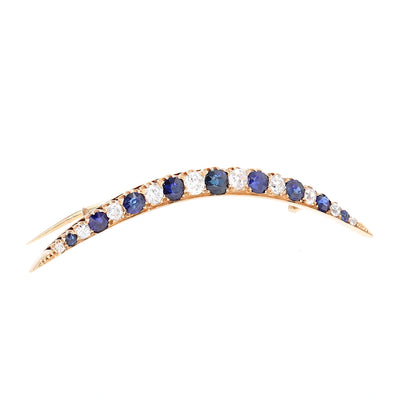 Viktorianische Halbmond-Brosche mit blauen Saphiren und Diamanten, stehend rechts gedreht