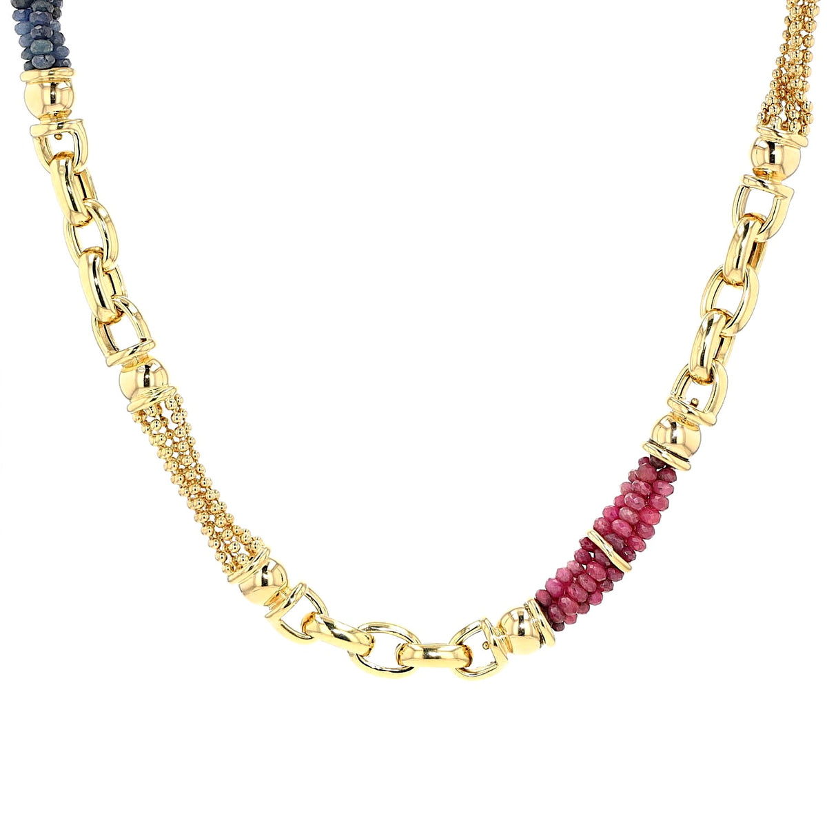 Exclusive italienische  Kette in 750er Gelbgold mit Rubinen und blauen Saphiren, hängend frontal 