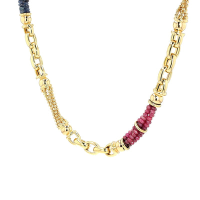 Exclusive italienische  Kette in 750er Gelbgold mit Rubinen und blauen Saphiren, , hängend links gedreht 