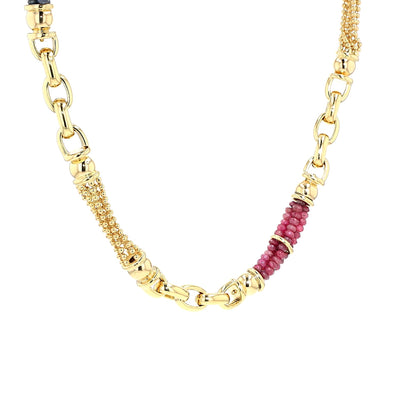 Exclusive italienische  Kette in 750er Gelbgold mit Rubinen und blauen Saphiren, hängend rechts gedreht