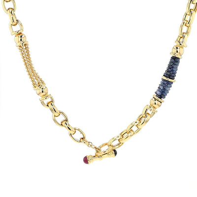 Exclusive italienische  Kette in 750er Gelbgold mit Rubinen und blauen Saphiren, hängend frontal Schloss vorne
