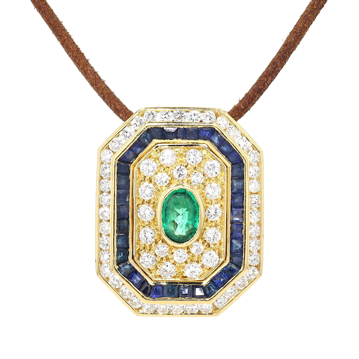 Anhänger in 750er Gelbgold mit Brillanten, blauen Saphiren und einem Smaragd, hängend frontal