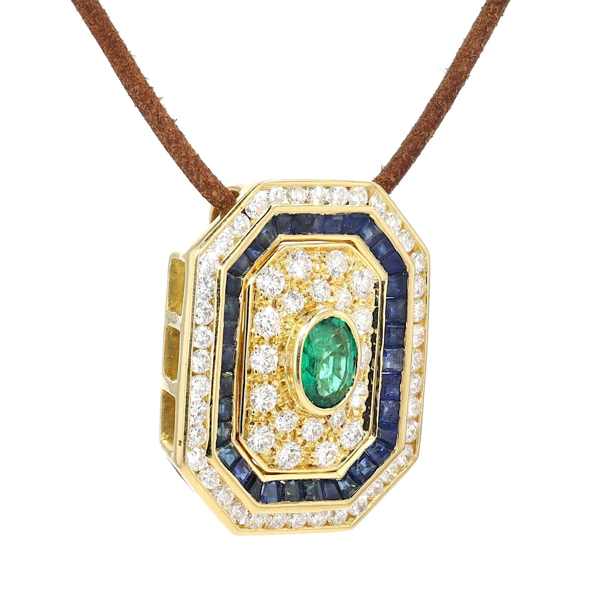 Anhänger in 750er Gelbgold mit Brillanten, blauen Saphiren und einem Smaragd, hängend rechts gedreht