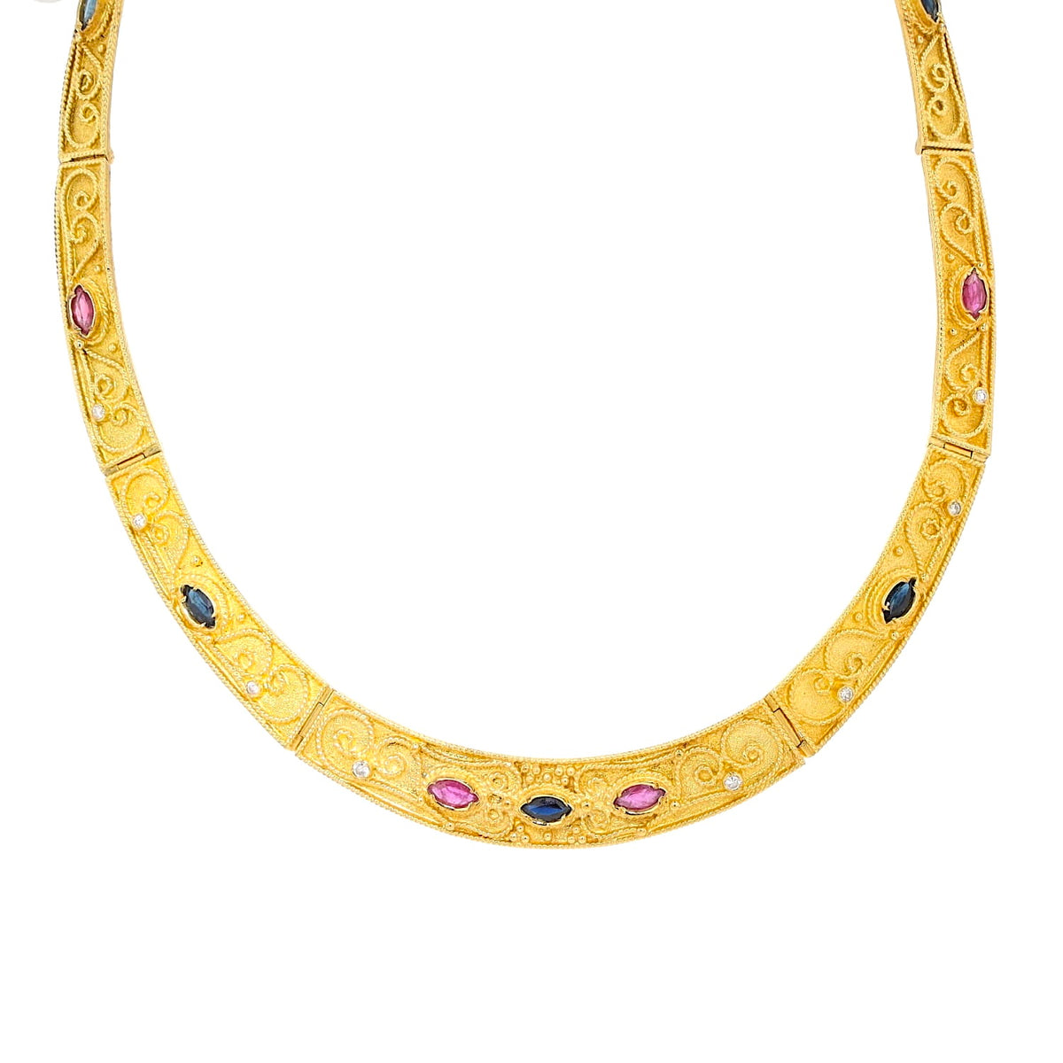 Schweres luxuriöses Collier in 750er Gelbgold mit blauen Saphiren, Rubinen und Brillanten, hängend frontal